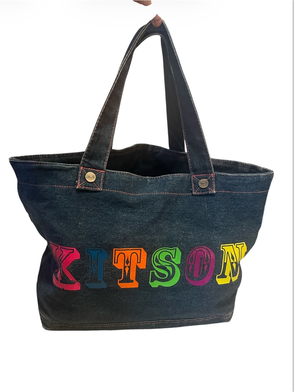 kitson Y2K Dark Denim Two Handle Open Top Tote Bag with Colorful Neon Lettering